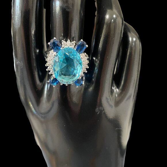 Sterling Silver 925 Blue Rhinestone Statement Ring Cocktail Bold Glam Jewelry - Picture 5 of 7